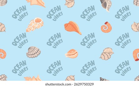 Ocean vibes seamless pattern with sea shells and hand written. Conch of various shapes in grey and beige colors on blue background. Vector design for textile, wallpaper, cover, print on fabric