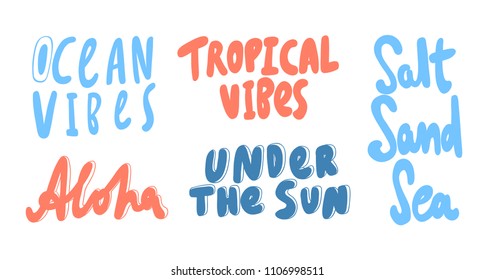 Ocean vibes, tropical, sand, sea, aloha stickers set for social media content. Vector hand drawn illustration design. Bubble pop art comic style poster, t shirt print, post card, video blog cover