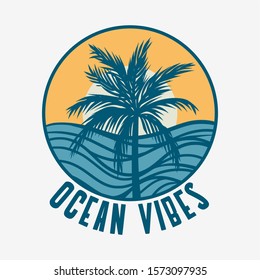 Ocean vibes with vintage retro illustration of the beach and palm tree