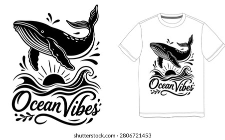 Ocean Vibes whale t-shirt design vector. Humpback whale breaching over ocean waves with a setting sun, featuring elegant retro hand-drawn cursive typography. Perfect for summer beachwear and custom screen printing apparel projects.
