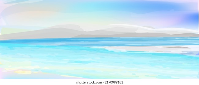 Ocean view banner, coast line  background in turquoise and pastel colours. Vector illustration, concept for card, poster, flyer, print.