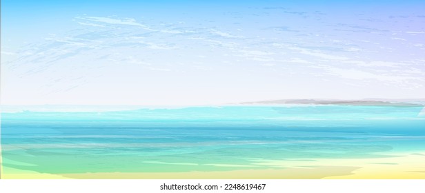 Ocean view banner, coast line  background in turquoise and pastel colours. Vector illustration, concept for card, poster, flyer, print.