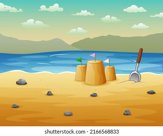 Ocean view with building from sand illustration