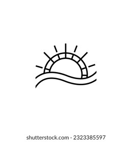 logotipo de estilo de arte de la línea con vistas al océano con elementos de olas y sol