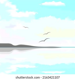 Ocean view minimalist background in pastel colours with mountains and seagulls . Resort advertizing design. Vector illustration, concept for card, banner print.