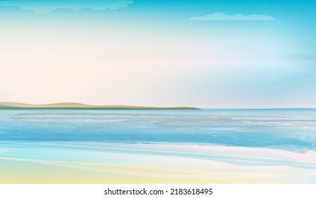 Ocean view minimalist background in positive and calm blue colours . Vector illustration, concept for card, banner, poster, flyer, print.