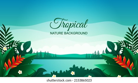 Ocean view from nature tropical forest landscape illustration