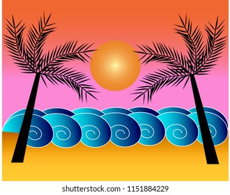 Ocean view with palms on the background of the sunset