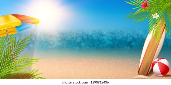 ocean view with parasol and surfboard in the front