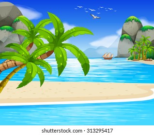 Ocean view with sail floating on water illustration