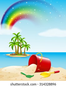 Ocean view with toys on the sand illustration