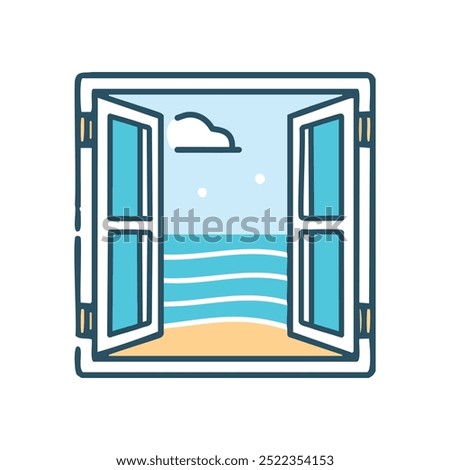 Ocean view window. Open window with ocean and beach view, symbolizing escape, freedom, and relaxation.