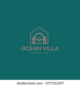 Ocean Villa Beach Resort with sun set view minimal line art logo icon sign symbol design concept. Vector illustration