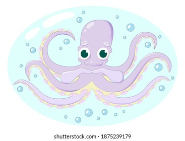 Ocean violet kind Octopus. Underwater Octopus in a blue sea bubble. Vector Illustration of funny sea animal.