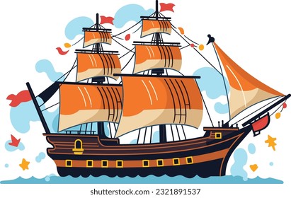 Ocean Voyage: Exploring the Maritime Industry on a Nautical Vessel, Explore a cartoon boat sailing on the sea, a maritime journey awaits. Pirated ship vector illustration