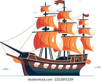 Ocean Voyage: Exploring the Maritime Industry on a Nautical Vessel, Explore a cartoon boat sailing on the sea, a maritime journey awaits. Pirated ship vector illustration
