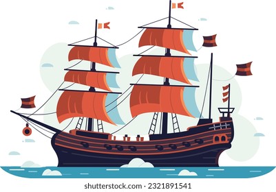 Ocean Voyage: Exploring the Maritime Industry on a Nautical Vessel, Explore a cartoon boat sailing on the sea, a maritime journey awaits. Pirated ship vector illustration