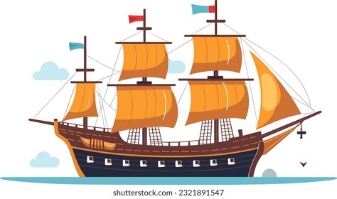 Ocean Voyage: Exploring the Maritime Industry on a Nautical Vessel, Explore a cartoon boat sailing on the sea, a maritime journey awaits. Pirated ship vector illustration