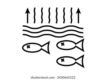 Icono negro de calentamiento oceánico con peces muertos.