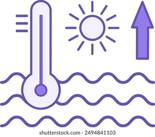 Ocean Warming Color Icon. Vector Icon. Sun, Ocean Waves, and Thermometer. Global Warming. Environmental Issue. Climate Change Concept