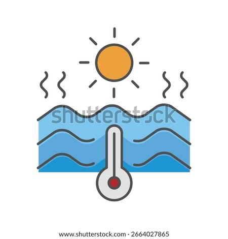 Ocean Warming icon. Water wave with thermometer and the sun symbol. Global warming, ecology, environment vector illustration in color fill style.