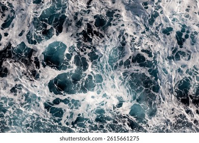 Ocean water background. Top view of awesome foamy water. Can be used in covers, packaging, posters, textures, cards, art, and design projects. Stunning vector illustration.