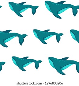 Ocean water and dolphin animals seamless pattern vector. Wildlife of fish friendly to people, creature with splashing water. Cetacean with tail fin and drops, dolphinarium tropical unique place