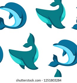 Ocean water and dolphin animals vector seamless pattern. Wildlife of fish friendly to people, creature with splashing water. Cetacean with tail fin and drops, dolphinarium tropical unique place