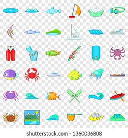 Ocean water icons set. Cartoon style of 36 ocean water vector icons for web for any design