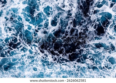 Ocean water surface texture. Aerial view of breathtaking water with foam. Can be used in covers, packaging, posters, textures, wallpapers, art and design projects. Vibrant vector illustration.