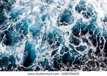 Ocean water surface texture. Aerial view of breathtaking water with foam. Can be used in covers, packaging, posters, textures, banners, art and design projects. Elegant vector illustration.