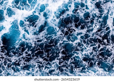 Ocean water texture. Top view of awesome water with foam. Can be used in covers, packaging, posters, textures, banners, art and design projects. Beautiful vector illustration.