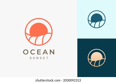 Ocean or water theme logo with waves and sun in circle