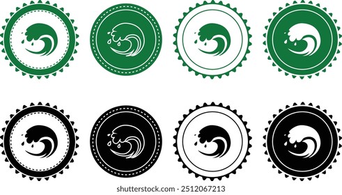Ocean, Water Wave icon set. Ecology Stamps. Environment, sustainability, nature, recycle, renewable energy, eco-friendly, forest, wind power, green symbol. Solid icons vector collection.