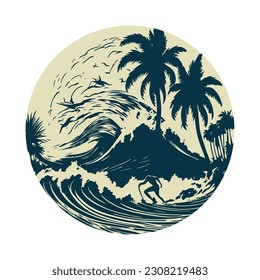 ocean water wave illustration with palm tree, vintage illustration t shirt design