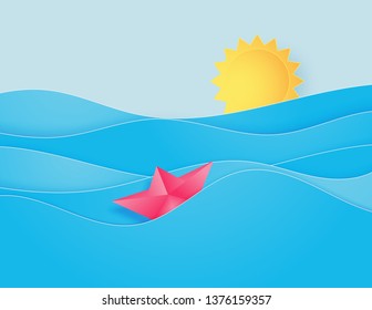 Ocean water wave with origami made sailing boat floating on the sea and sun paper cut style. Leadership recruitment and talent headhunting concept. 