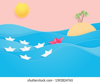 Ocean water wave with origami made sailing boat floating on the sea and sun paper cut style. Leadership recruitment and talent headhunting concept. 