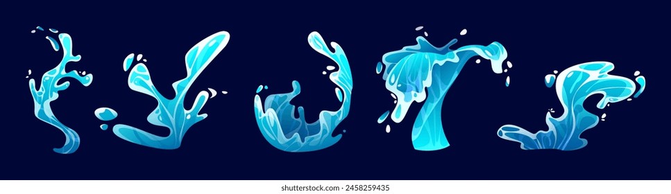 Ocean water wave splash. Sea surf cartoon vector icon. Liquid drop stream summer game graphic. Isolated fluid high falling tsunami swirl vfx design. Storm motion clipart for environment illustration