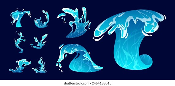 Ocean water wave splash. Sea surf cartoon vector icon. Liquid drop stream summer game graphic. Isolated fluid high falling tsunami swirl vfx design. Storm motion clipart for environment illustration