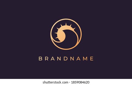 Ocean water wave and sun in a circle with a gold line art style suitable for logo and icon