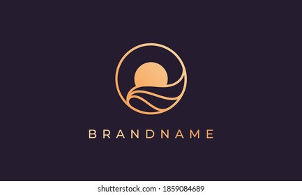 Ocean water wave and sun in a circle with a gold line art style suitable for logo and icon