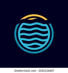 Ocean water wave and sun in a circle shape with line art style suitable for logo and icon. Travel concept. vector illustration