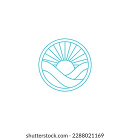 Ola de agua oceánica y sol en círculo con un estilo de arte de línea azul adecuado para logotipo e icono
