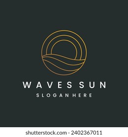 Ocean water wave and sun in a circle with a gold line art style .