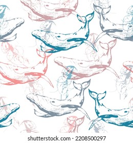 Ocean watercolor seamless pattern with silhouettes of sea animals: whales, dolphins, killer whales, stingrays and narwhals   Marine animals background. 
