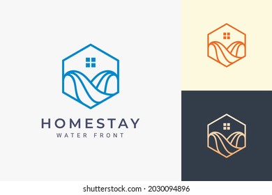 Ocean or waterfront apartment logo in simple line and hexagon shape