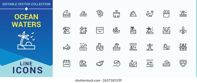Ocean Waters line icon set. Pack of marine, diving, sea, swimming, vacation, underwater, nautical. Ocean linear icon collection. Vector icons collection. Editable stroke. Vector collection.