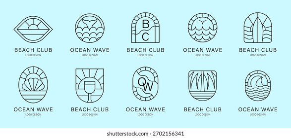Ocean Wave Abstract Line Art Logo Set. Coastal Elements, Sand and Sun Icons, Marine Symbols, Minimalist Beach Club emblems, Sea Lines in a vector illustration
