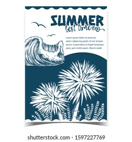 Ocean Wave, Algae Seaweed And Trees Banner Vector. Enormous Huge Water Wave, Seagulls And Green Leaves Plant On Advertising Best Time Summer Vacation Poster. Monochrome Template Illustration