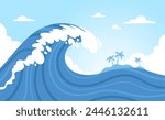 Ocean wave background. Abstract storm sea waves near island. Tropical surf, oceanic water and sky on poster. Decorative voyages flyer. Surfer beach with palm trees. Vector illustration. Aqua surface